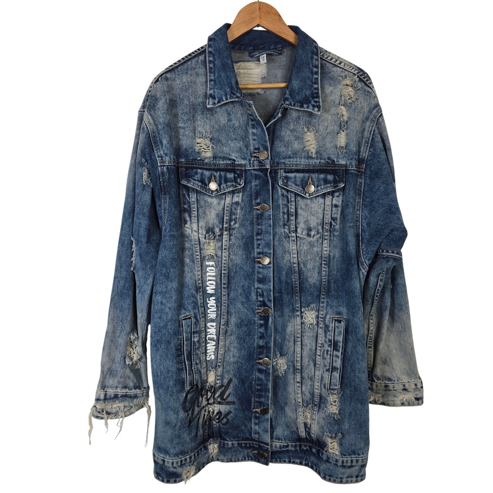 American Bazi Mens Distressed Graphic Denim Jacket Blue Acid Wash Large